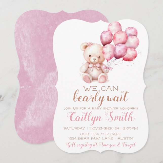 Invitation Ballons d'ours Bearly Wait Baby shower Girl (Devant / Derrière)
