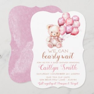 Invitation Ballons d'ours Bearly Wait Baby shower Girl