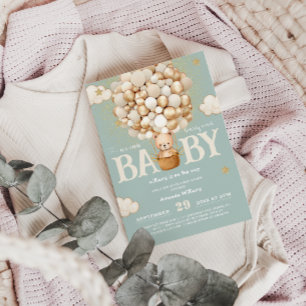 Invitation Ballons d'ours Bearly Wait Baby shower vert sauge 