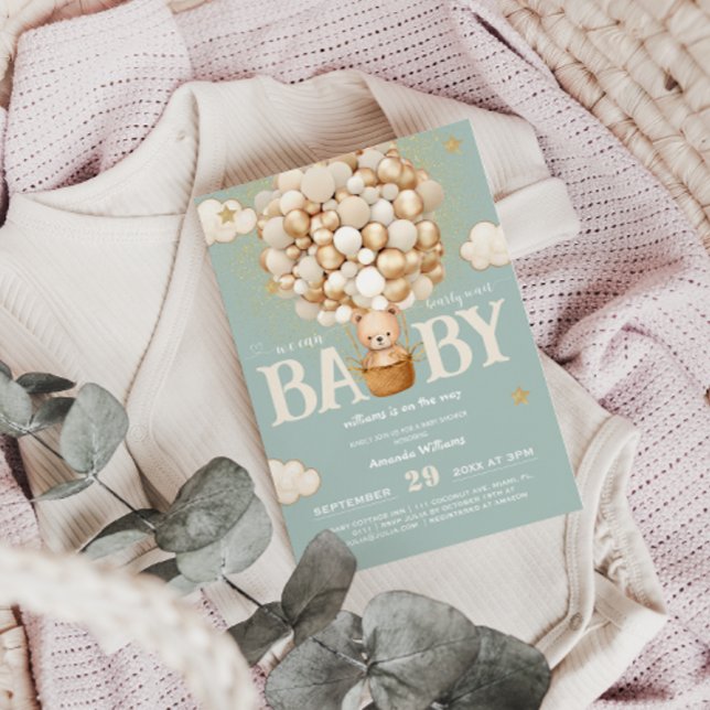 Invitation Ballons d'ours Bearly Wait Baby shower vert sauge  (Créateur téléchargé)