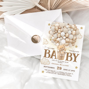 Invitation Ballons d'ours Bearly Wait Boho Baby shower blanc