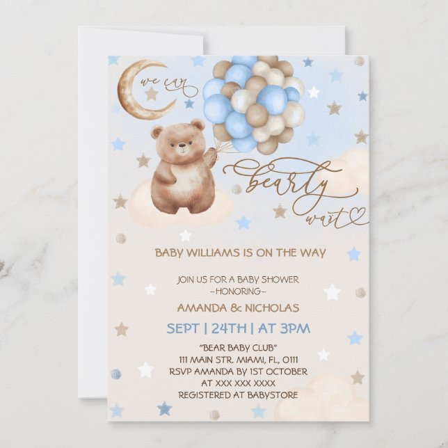 Invitation Ballons d'ours en peluche Baby shower Whimsical Bl (Devant)