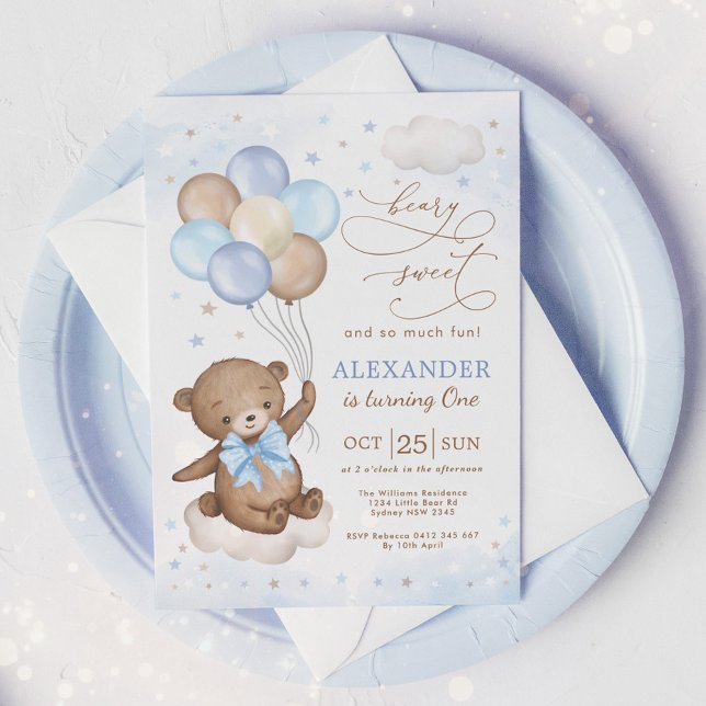 Invitation Ballons d'ours en peluche bleu doux Anniversaire (Créateur téléchargé)