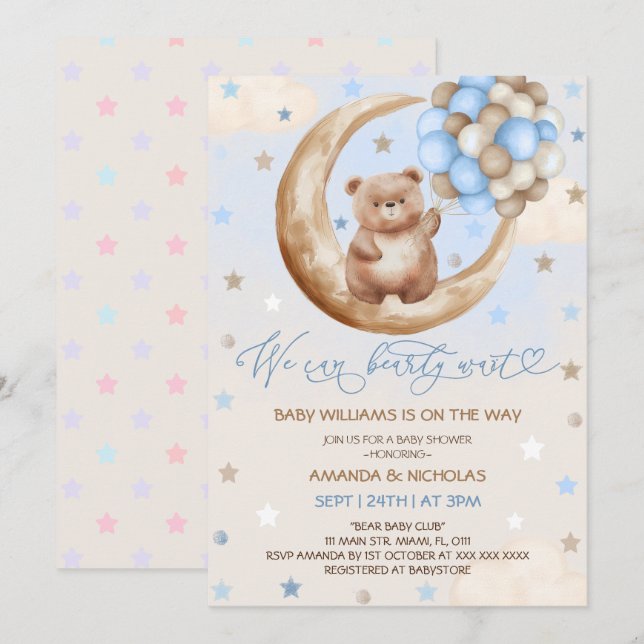 Invitation Ballons d'ours en peluche et Baby shower de garçon (Devant / Derrière)