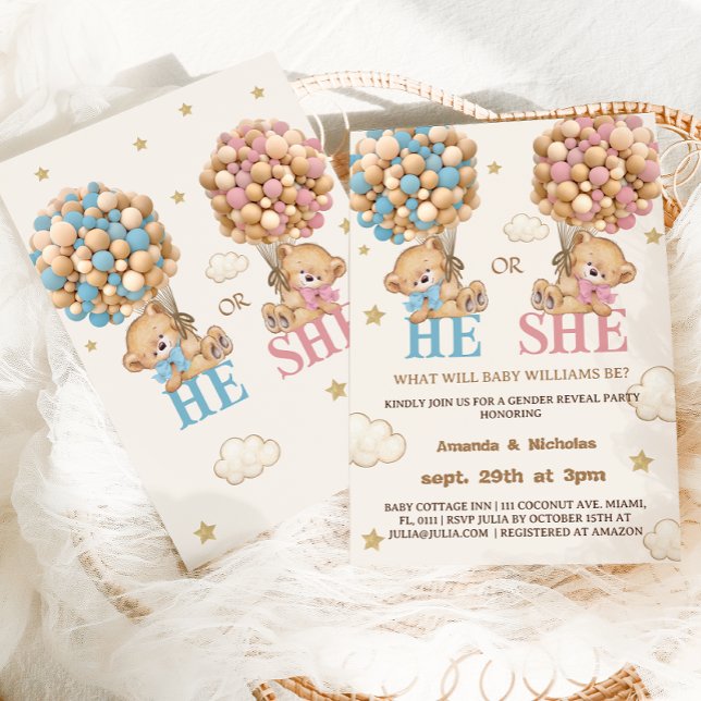 Invitation Ballons d'ours en peluche Lui ou elle Révélation d (Créateur téléchargé)