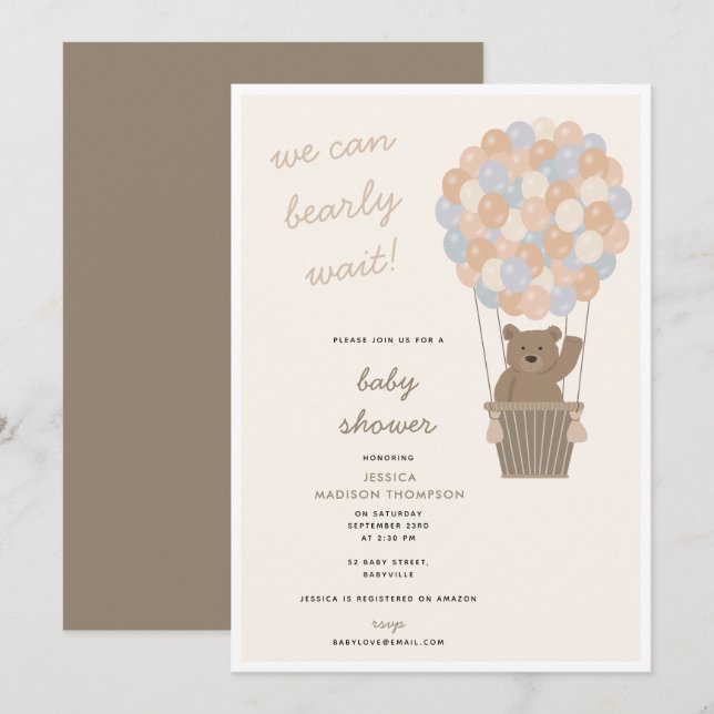 Invitation Ballons d'ours mignons Baby shower neutre genre (Devant / Derrière)
