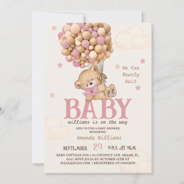 Invitation Ballons d'ours rose Baby shower fille (Devant)