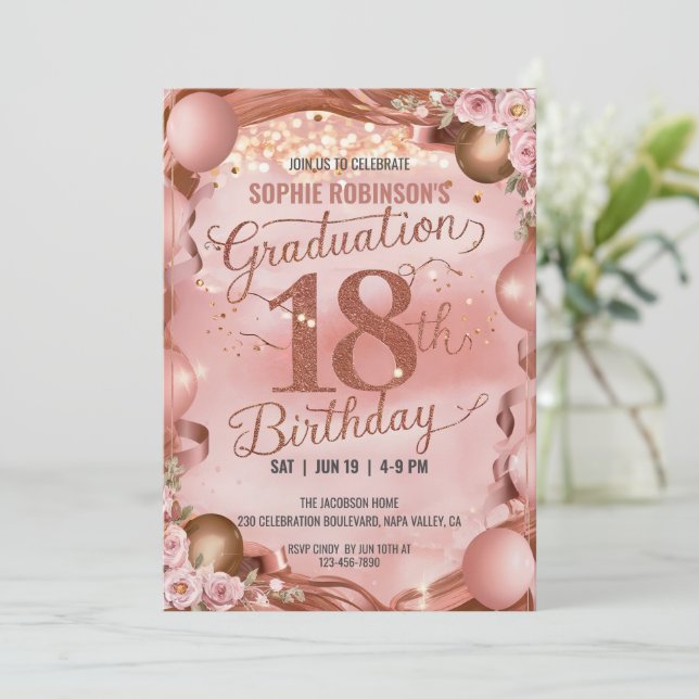 Invitation Ballons doux Fleurs Graduation 18e anniversaire (Debout devant)