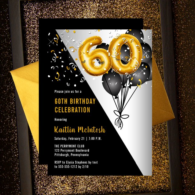 Invitation Ballons élégants Noir | Gold 60th Birthday Party (Elegant Black Balloons |  Gold Number Balloons "60" 60th Birthday Party Invitation Print Digital)