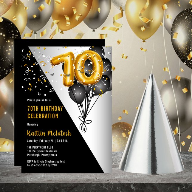 Invitation Ballons élégants Noir | Gold 70th Birthday Party (Balloons Elegant Black, Gold and Silver Tone 70th Birthday Party Invitation )