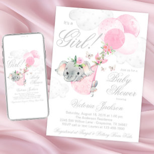 Invitation Ballons éléphant rose pâle Papillon Baby Shower