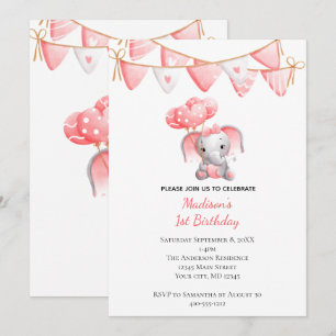 Invitation Ballons éléphant rose pour l'anniversaire de bébé 