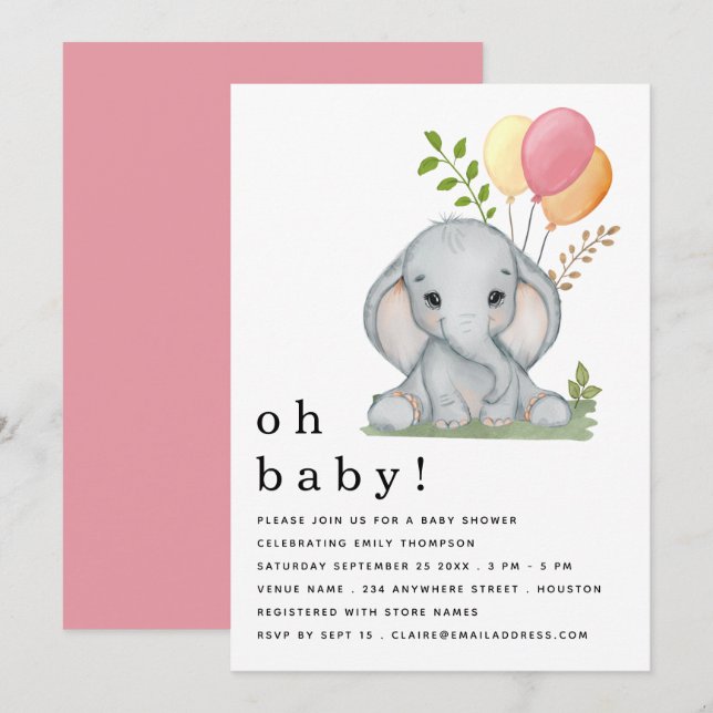 Invitation Ballons Eléphants mignons Baby shower fille rose (Devant / Derrière)