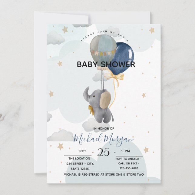 Invitation Ballons Eléphants mignons Baby shower nuages (Devant)