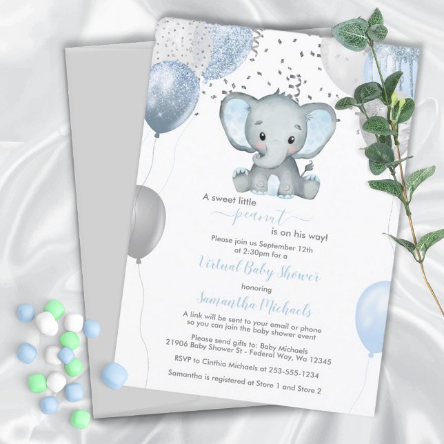 Invitation Ballons éléphants mignons Baby shower virtuel (Blue Elephant Baby Shower Invitation)