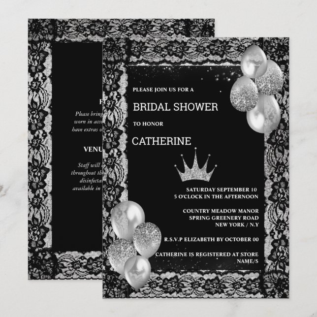 Invitation Ballons en dentelle noire en argent tiara soirée é (Devant / Derrière)