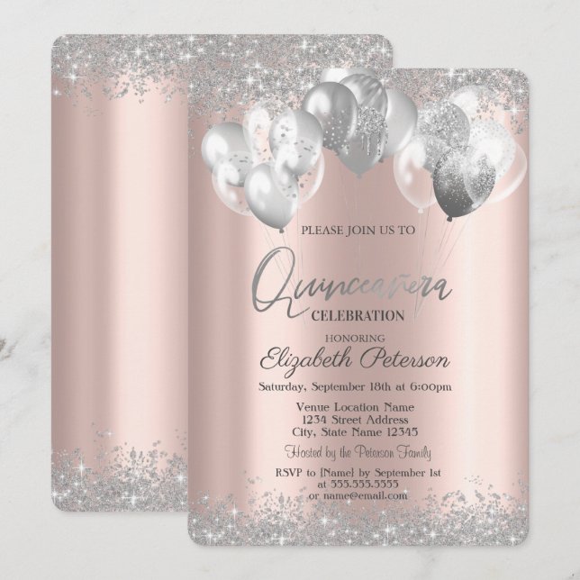Invitation Ballons en diamants d'argent Rose or Quinceañera (Devant / Derrière)