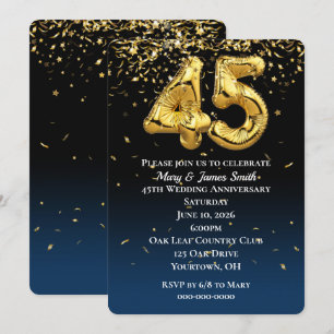 Invitation Ballons en or et confettis pour 45e anniversaire