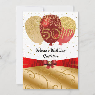 Invitation Ballons en ruban de soie Rouge Or 50e Anniversaire