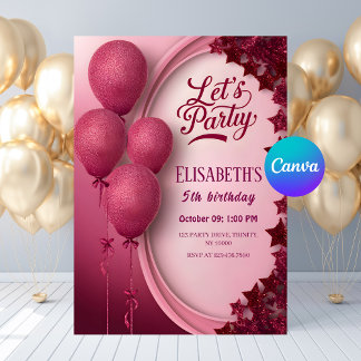 Invitation Ballons et étoiles de Parties scintillant rose gla