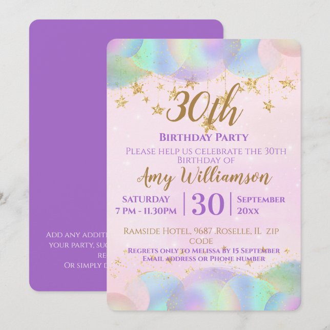 Invitation Ballons et étoiles rose 30e anniversaire fête (Devant / Derrière)