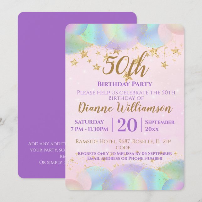 Invitation Ballons et étoiles rose 50e anniversaire fête (Devant / Derrière)