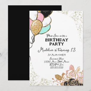 Invitation Ballons et fleurs rose noir fête d'anniversaire