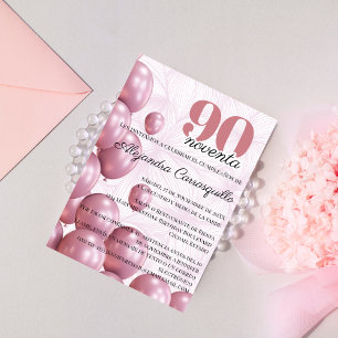 Invitation Ballons Fleuris Rose Espagnol pour 90ème Anniversa