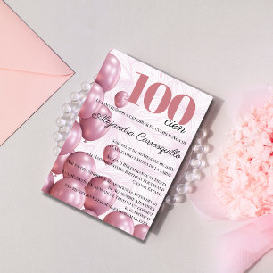 Invitation Ballons Fleuris Rose Pâle Espagnol 100ème Annivers