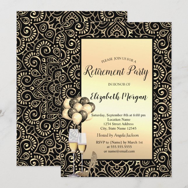 Invitation Ballons, Gold Mandala Black Retirement (Devant / Derrière)