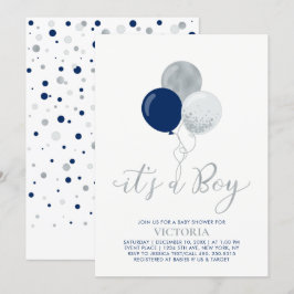 Invitation Ballons Marine et Argent | C'est un Baby shower de