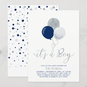Invitation Ballons Marine et Argent   C'est un Baby shower de