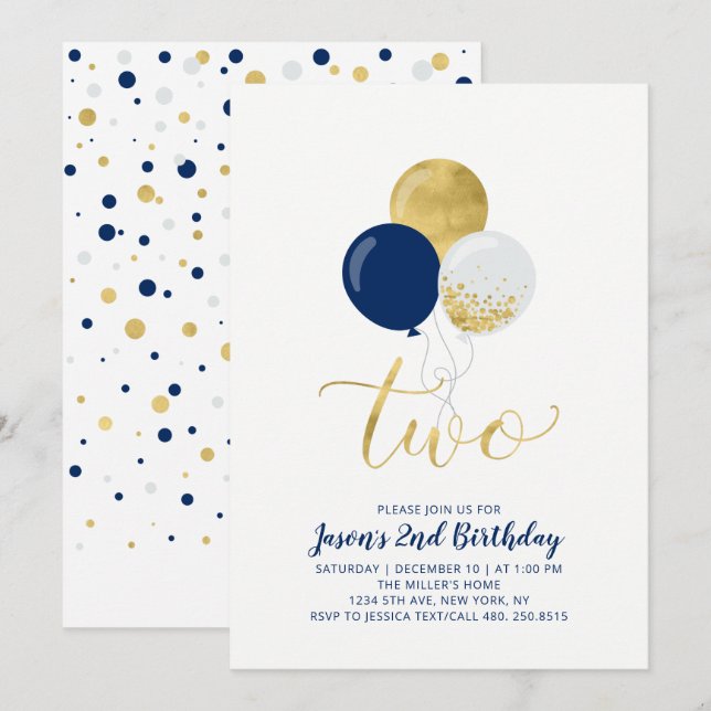 Invitation Ballons Marine et Or | Deux 2ème anniversaire de g (Devant / Derrière)