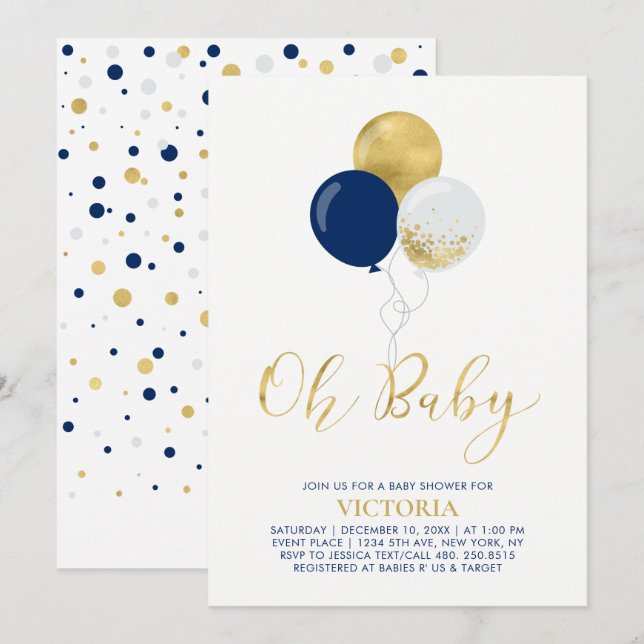 Invitation Ballons Marine et Or | Oh Baby Boy Baby shower (Devant / Derrière)
