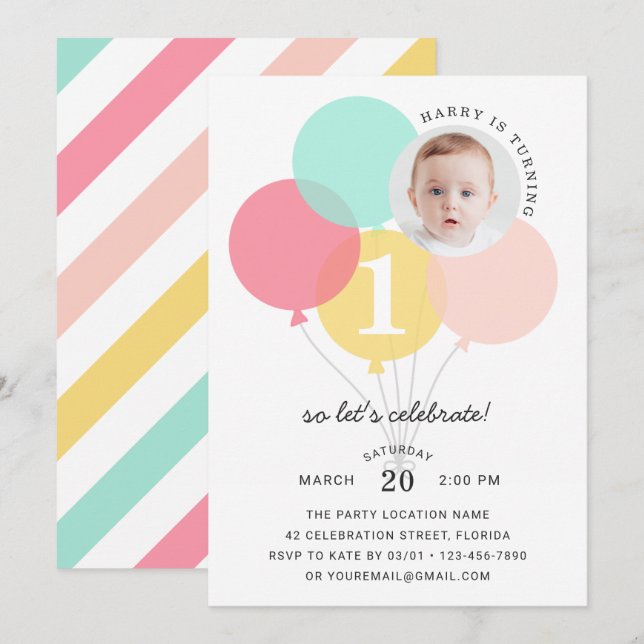 Invitation Ballons mignons Moderne 1ère photo Anniversaire (Devant / Derrière)
