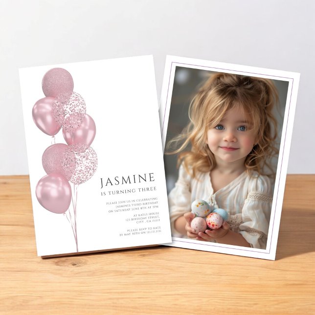Invitation ballons mignons photo anniversaire (pink balloons birthday invitation with photo , modern minimal design style)
