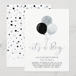 Invitation Ballons noir et argent | C'est un Baby shower de g
