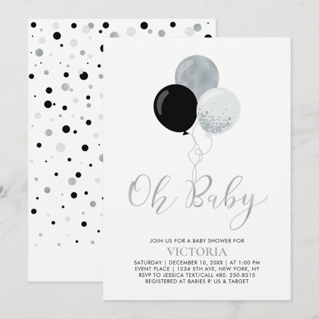 Invitation Ballons noir et argent | Oh Baby Boy Baby shower (Devant / Derrière)