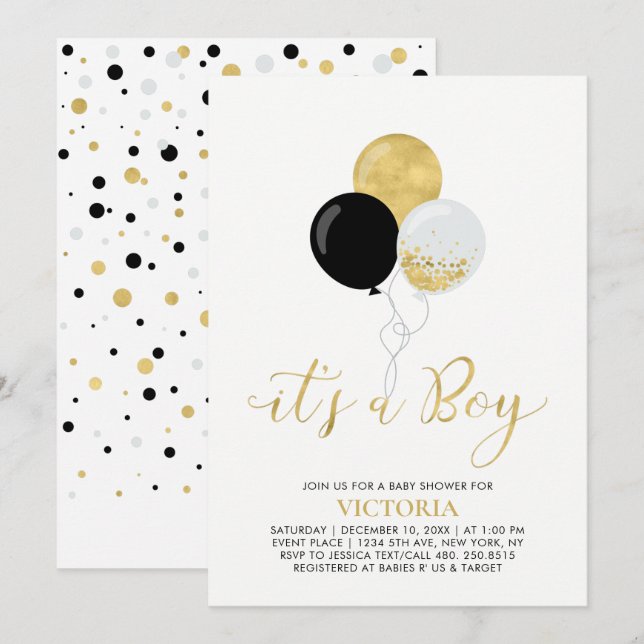 Invitation Ballons noir et or | C'est un Baby shower de garço (Devant / Derrière)