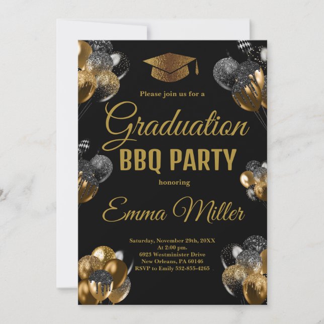 Invitation Ballons Noir et Or Graduation BBQ Party (Devant)