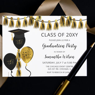 Invitation Ballons Noir et Or Partie de Graduation