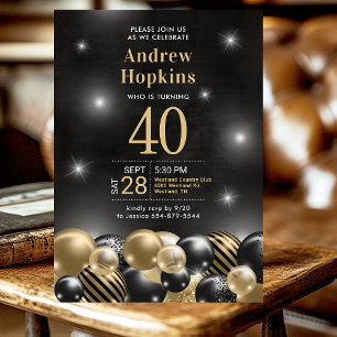 Invitation Ballons Noir et Or Photo Fête d'anniversaire 40 an