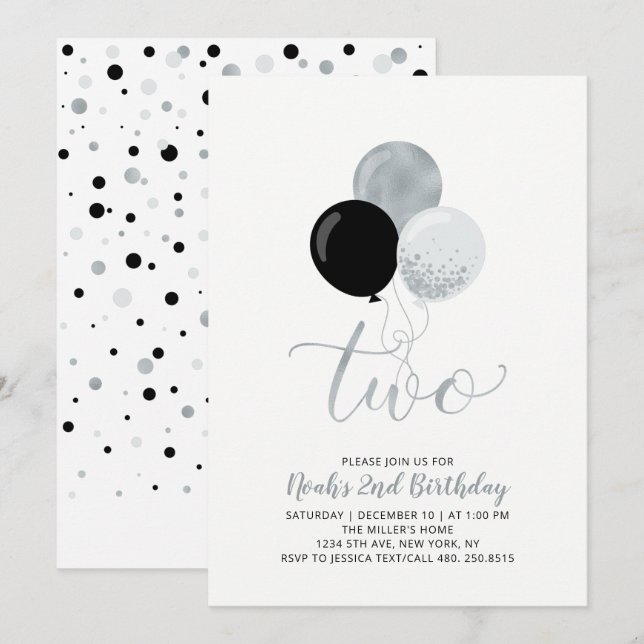 Invitation Ballons noirs et argent Boy 2e fête d'anniversaire (Devant / Derrière)