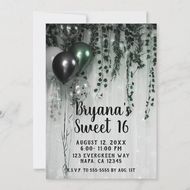 Invitation Ballons noirs verts Ivy Jungle Party Sweet 16 (Devant)