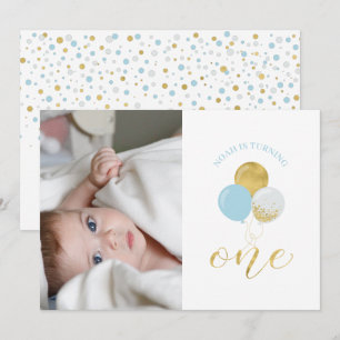 Invitation Ballons Or et Bleu Clair Fête d'anniversaire 1 an 