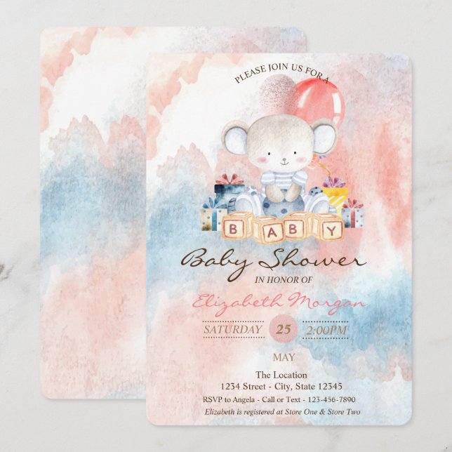 Invitation Ballons Ours En Teddy Baby shower Aquarelle (Devant / Derrière)