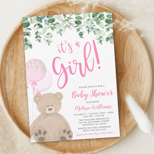 Invitation Ballons Ours En Teddy Baby shower Fille Eucalyptus (Créateur téléchargé)
