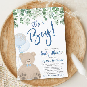 Invitation Ballons Ours En Teddy Baby shower Garçon Eucalyptu