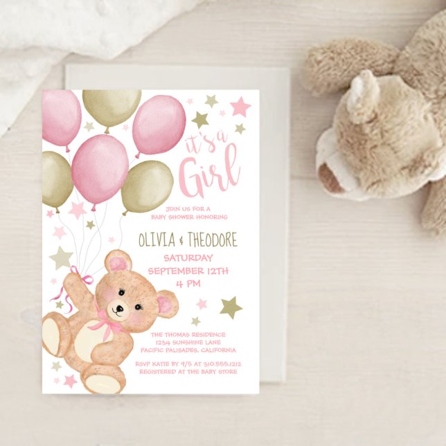 Invitation Ballons Ours En Teddy Baby shower Gold Rose (Créateur téléchargé)