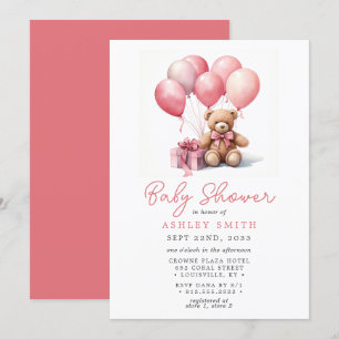 Invitation Ballons Ours Teddy Baby shower Fille Rose